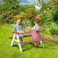 Kids wooden picnic table set with two benches and brown tabletop, used outdoors on grass