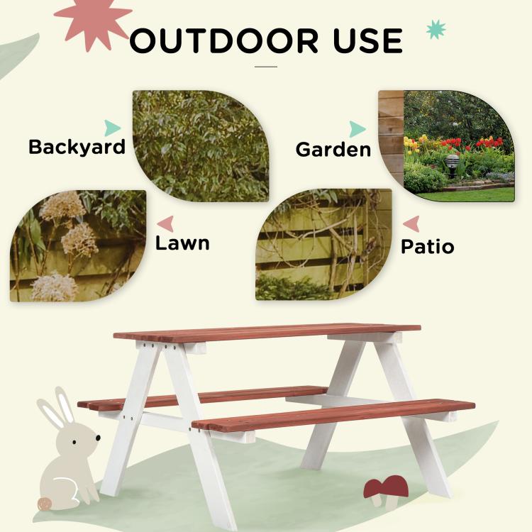 Wooden kids picnic table set for outdoor use, brown bench and tabletop with white legs