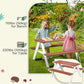 Kids wooden picnic table set outdoors: brown tabletop and benches with white frame