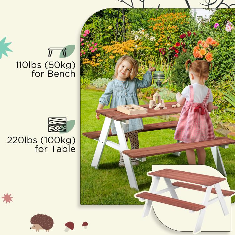 Kids wooden picnic table set outdoors: brown tabletop and benches with white frame