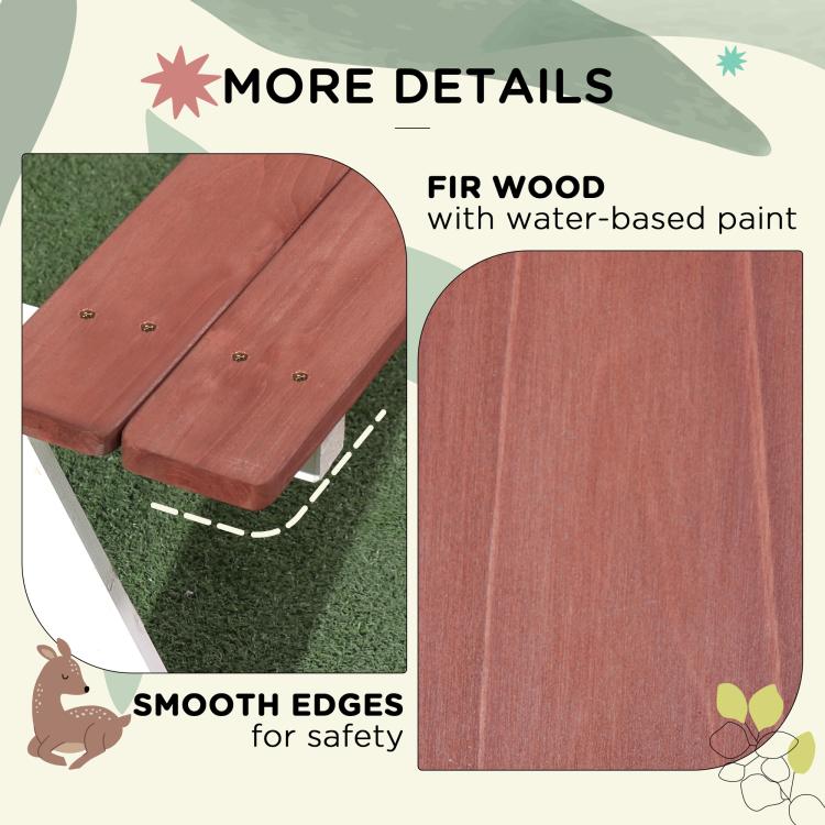 Kids wooden picnic table set close-up: smooth edges and water-based painted wood, brown