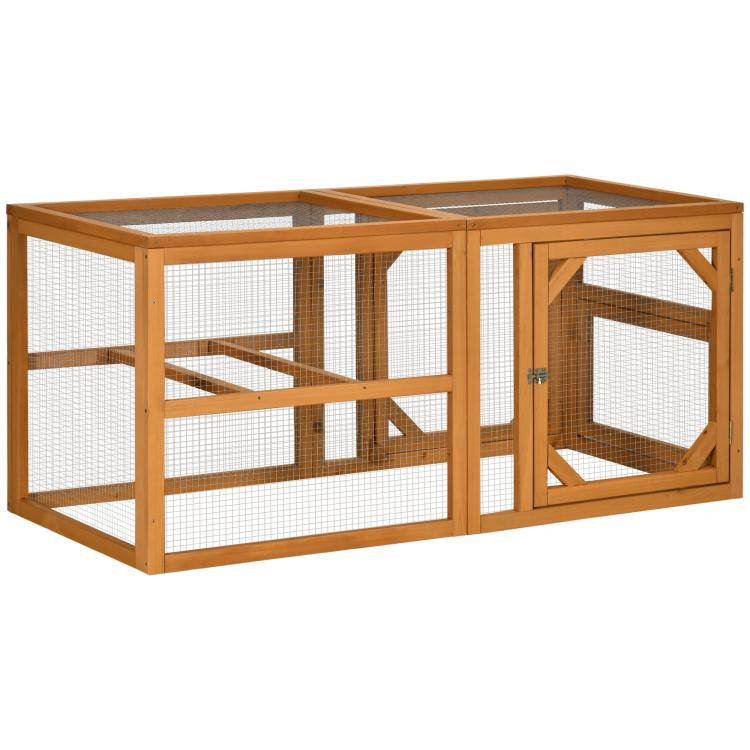Wooden chicken run add-on with wire mesh panels and open side door, honey-brown frame