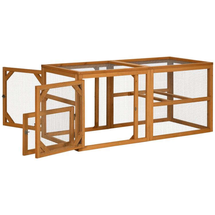 Wooden chicken run add-on with wire mesh walls, hinged side door, honey-brown frame