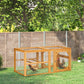 Outdoor wooden chicken run add-on with wire mesh enclosure and two hens inside