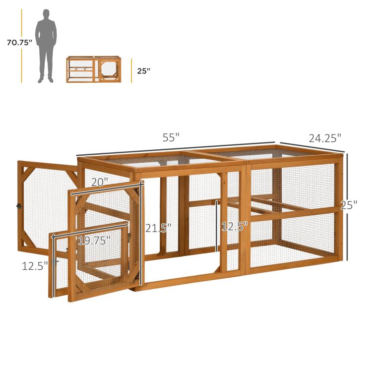 Wooden chicken run add-on with wire mesh panels and hinged front door, honey frame