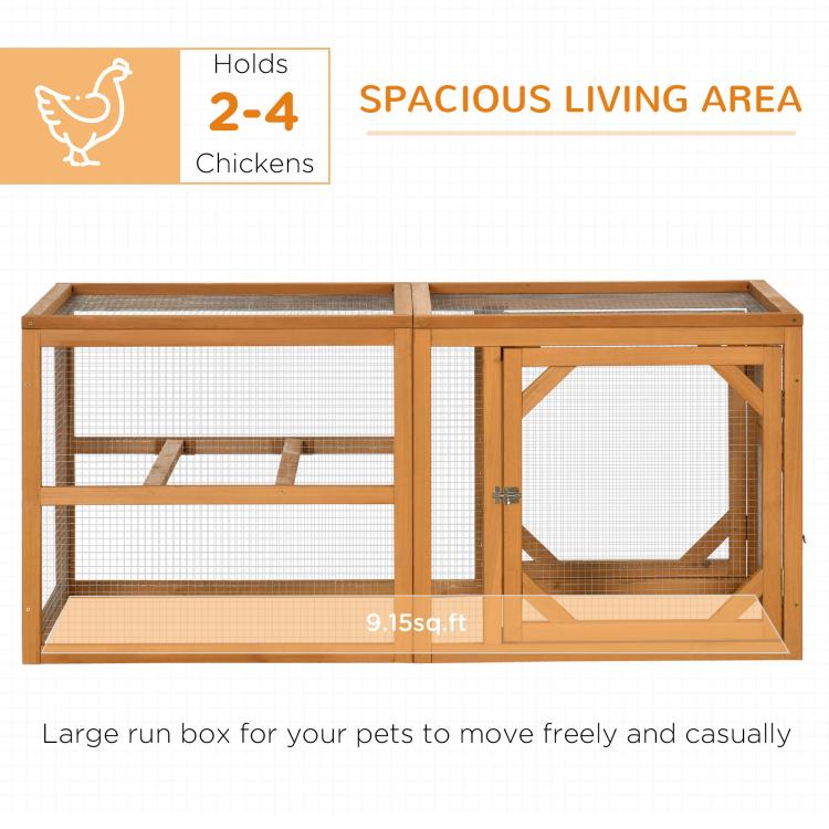 Wooden chicken run add-on interior view with wire mesh walls and wooden perch bars