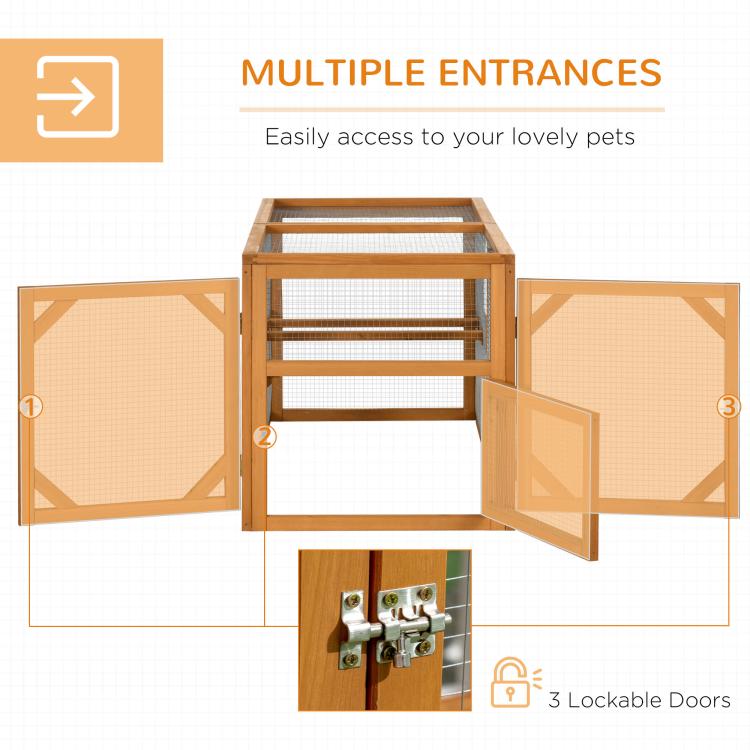 Wooden chicken run add-on with multiple side entry doors and wire mesh panels