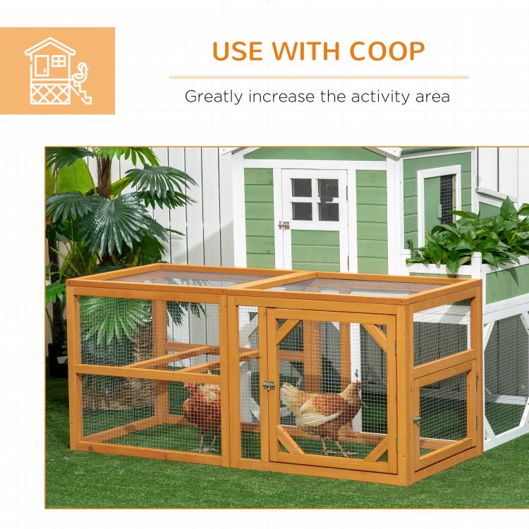 Wooden chicken run add-on with wire mesh enclosure and hens inside, honey-brown frame