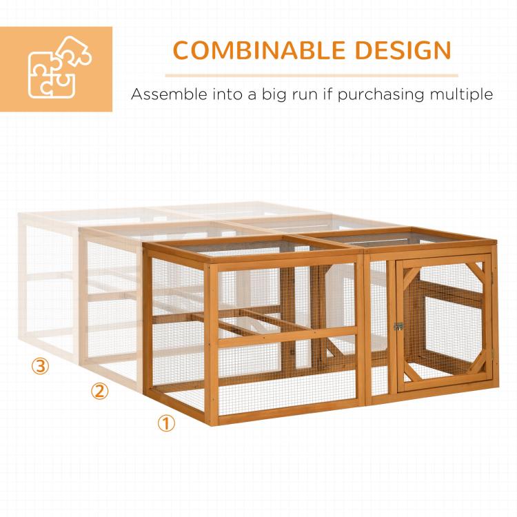 Wooden chicken run add-on showing combinable end-to-end layout with wire mesh panels