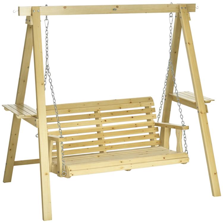 Light wood 2-seat patio swing bench with slatted seat/back and metal chain hangers