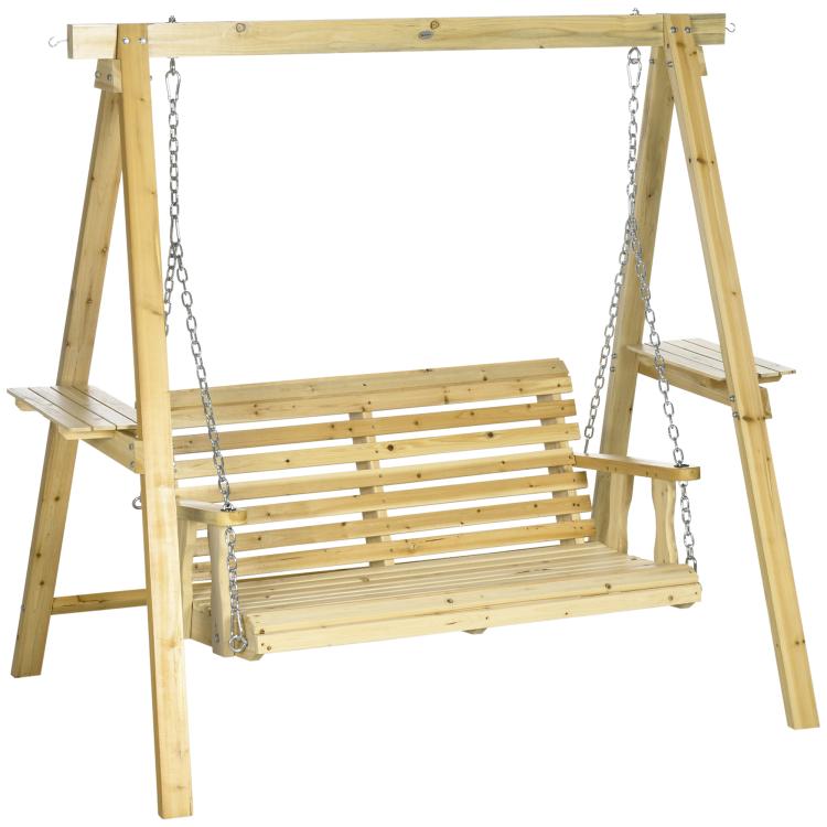 Two-seat wooden patio swing bench with metal chains and side tables