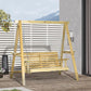 Light wood 2-seat patio swing bench with slatted backrest and hanging metal chains