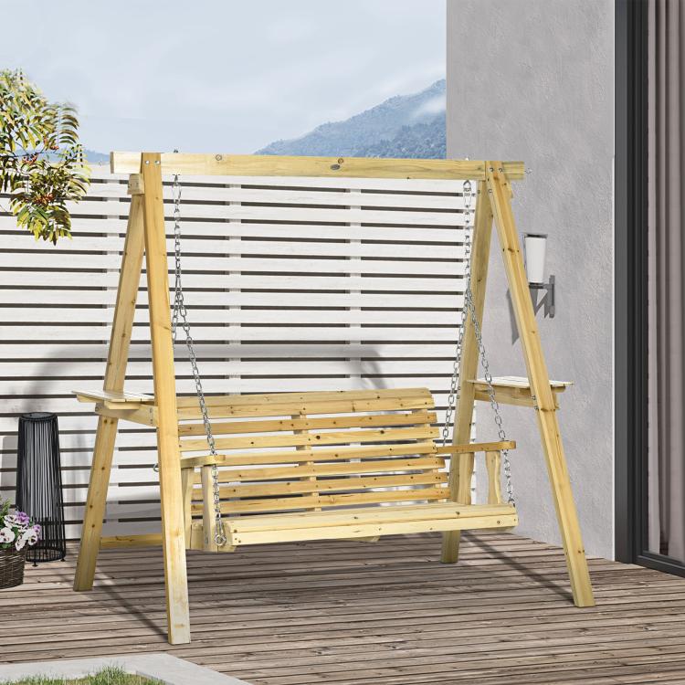 Light wood 2-seat patio swing bench with slatted backrest and hanging metal chains