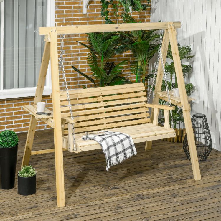 Light wood 2-seat patio swing bench with slatted back, side table, and hanging chains