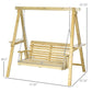 Light wood 2-seat patio swing bench with chains and side shelves, with size diagram