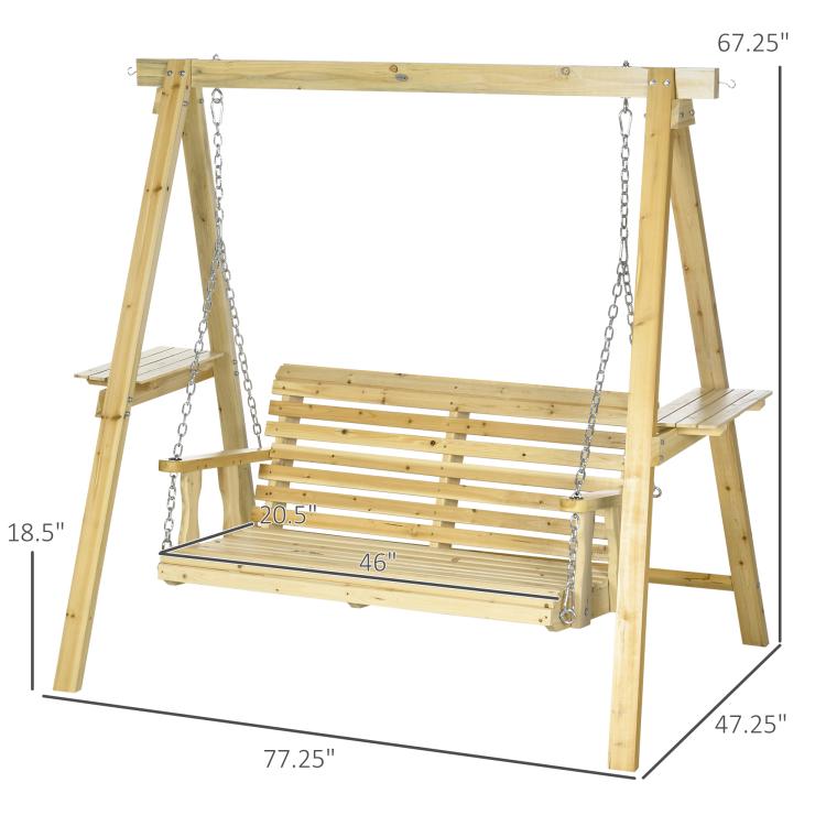Light wood 2-seat patio swing bench with chains and side shelves, with size diagram