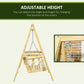 Adjustable-height wooden swing chair with hanging chains, infographic diagram