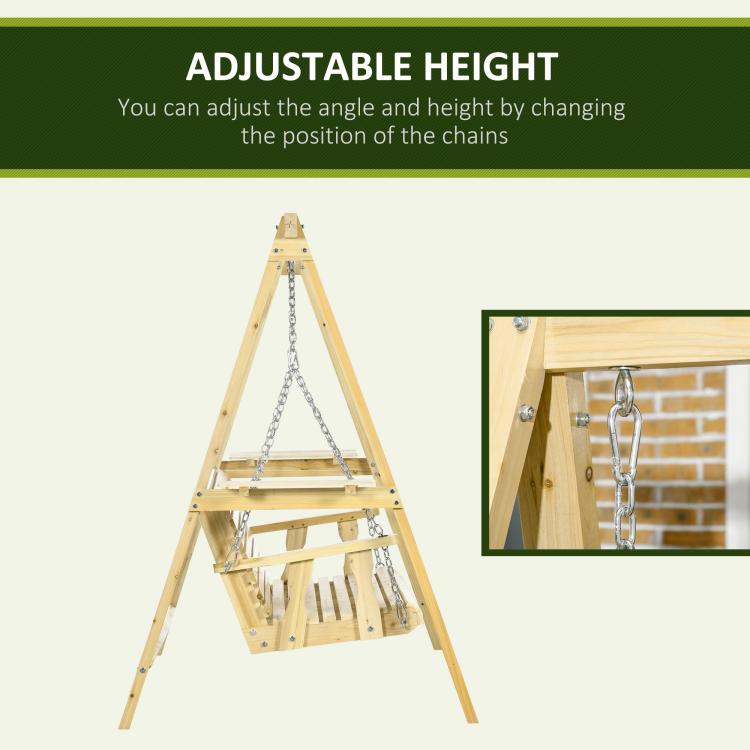 Adjustable-height wooden swing chair with hanging chains, infographic diagram
