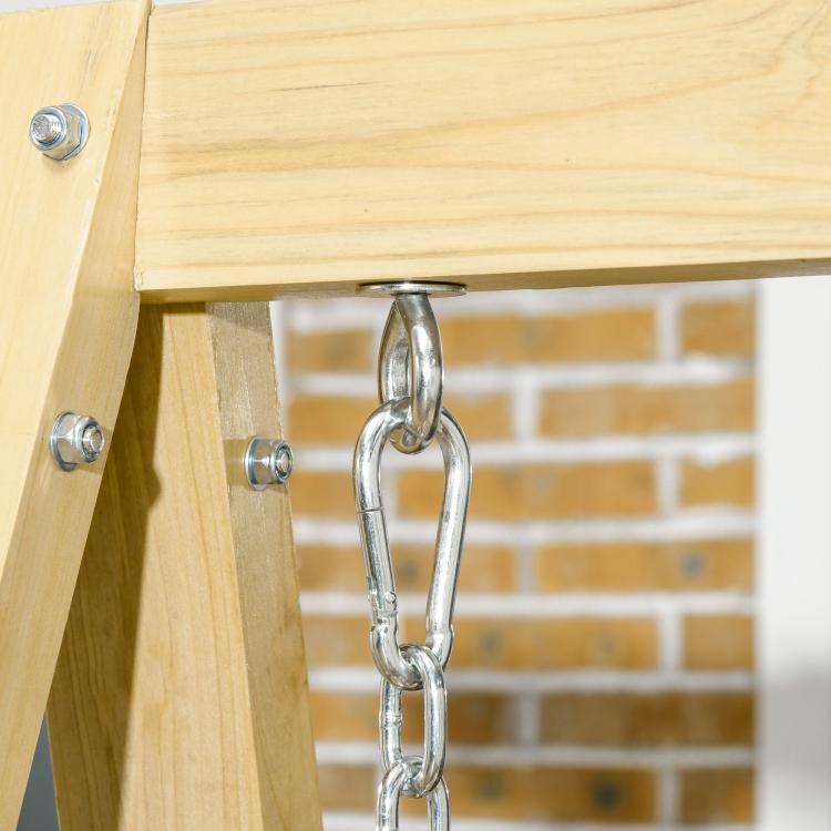 Wooden swing frame close-up with metal chain links and hanging hook hardware
