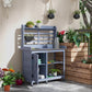 Gray potting bench with shelves, hanging hooks, and open tabletop storage