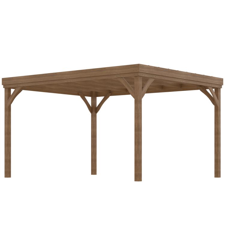 Brown wooden pergola with angled corner support posts and slatted top frame