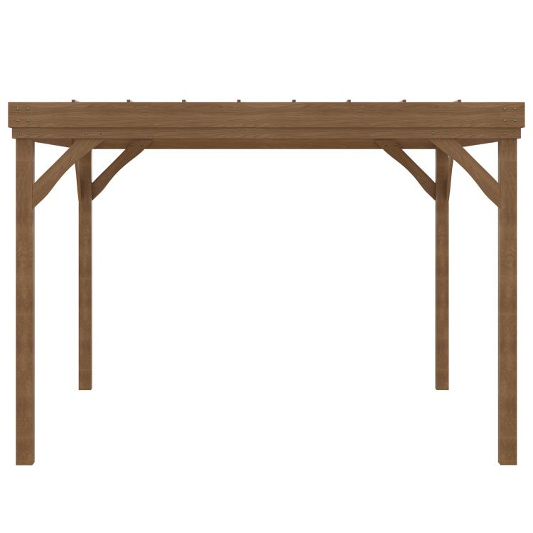 Brown wooden pergola frame with top beam and four support posts