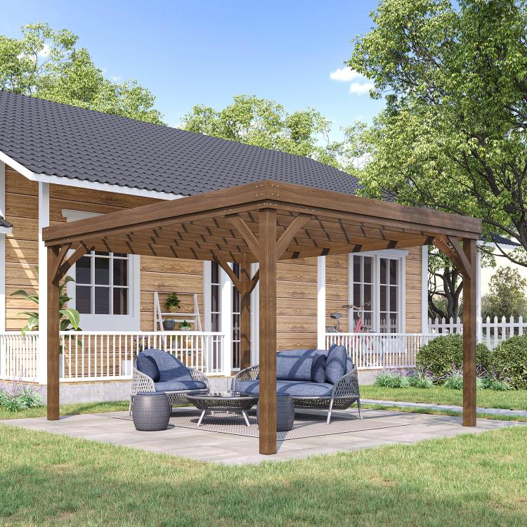 Brown wooden outdoor pergola with slatted roof and four vertical support posts