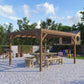Brown wooden pergola over patio seating area with slatted canopy and support posts
