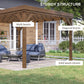 Brown wooden pergola showing multi-beam top, diagonal braces, and solid columns