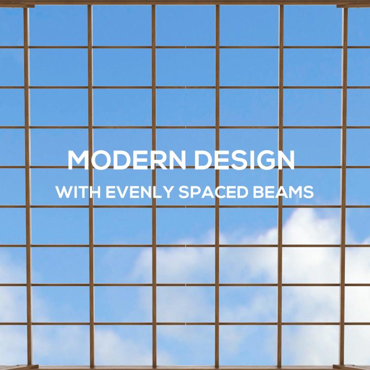 Brown wooden pergola frame with evenly spaced cross beams across the panels