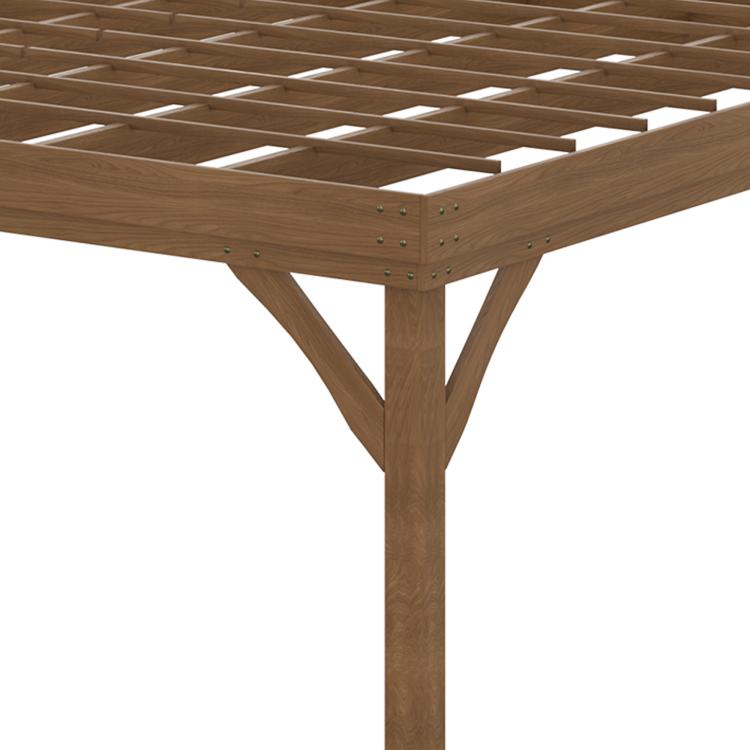 Brown wooden pergola corner joint with diagonal bracing and slatted roof beams