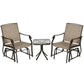Two patio rocking sling chairs with dark frames and beige mesh, plus round glass side table