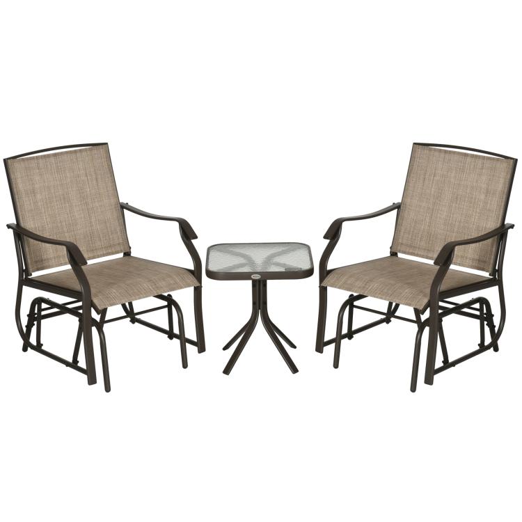 Two patio rocking sling chairs with dark frames and beige mesh, plus round glass side table