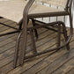 Outdoor rocking bistro chair with dark brown metal frame and tan sling seat