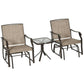 Two outdoor rocking chairs with beige sling seats and dark metal frames, side table