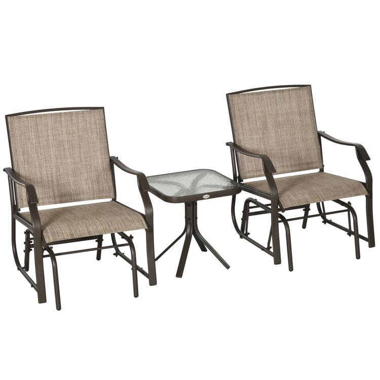 Two outdoor rocking chairs with beige sling seats and dark metal frames, side table