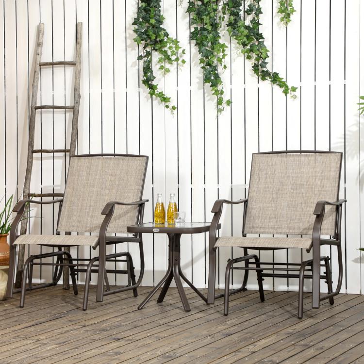 Outdoor bistro set with two rocking sling chairs and a round tempered glass coffee table