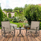 Patio bistro set with two beige sling rocking chairs and a round glass-top coffee table