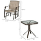 Patio rocking chair with beige sling seat and dark frame, shown with table dimensions
