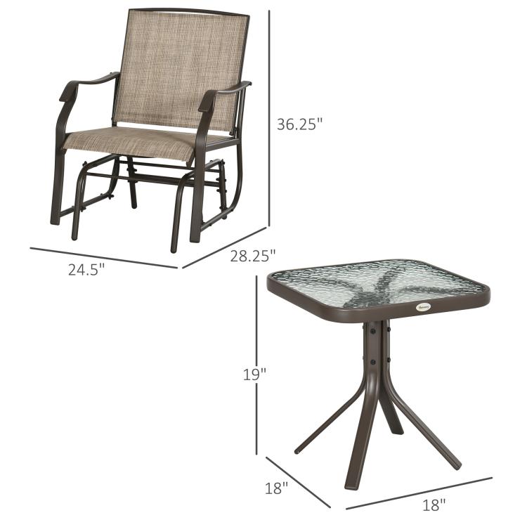 Patio rocking chair with beige sling seat and dark frame, shown with table dimensions