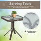 Outdoor serving table with textured tempered glass top and dark pedestal tripod legs