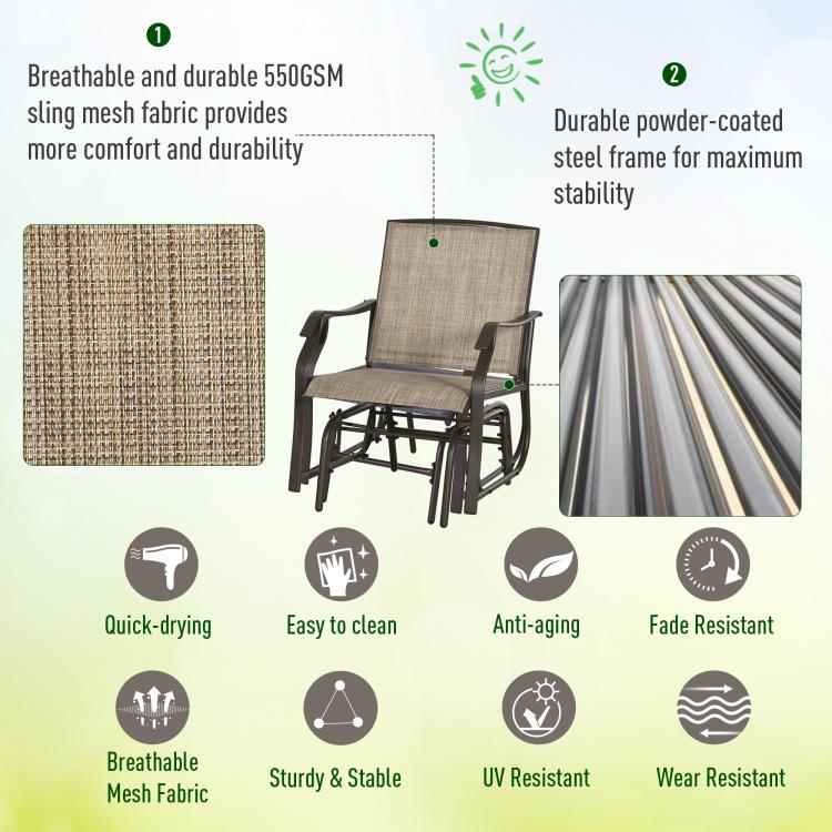Patio rocking chair with woven beige sling mesh seat and dark powder-coated steel frame