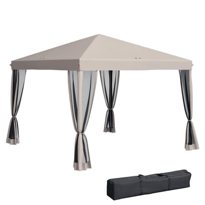 Beige pop-up canopy tent with dark netting curtains and four adjustable corner legs