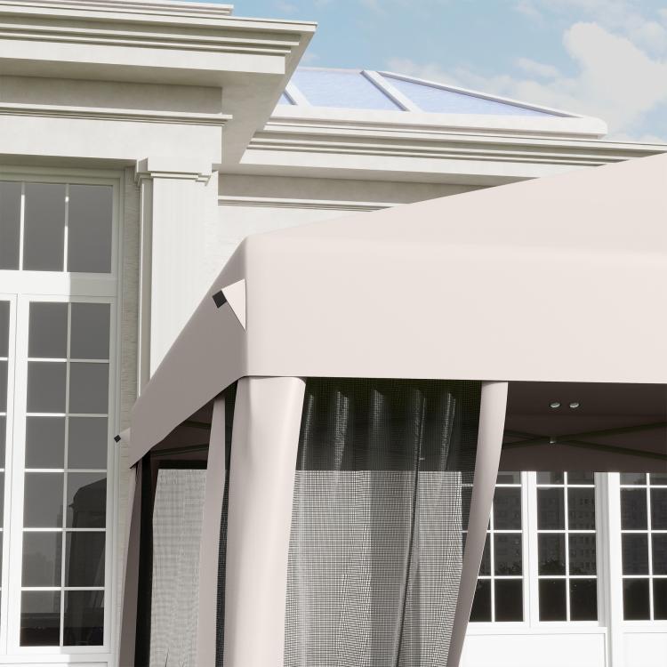 Beige pop-up canopy tent with side mesh panels and valance
