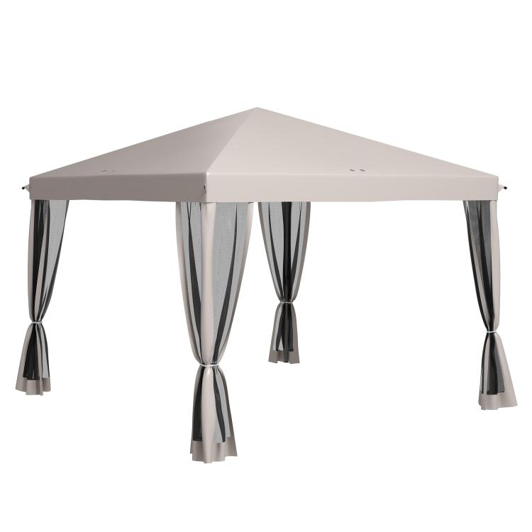 Beige pop-up gazebo canopy with hanging curtains and mesh side panels