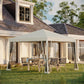 Beige pop-up canopy tent with dark netting side curtains and open front