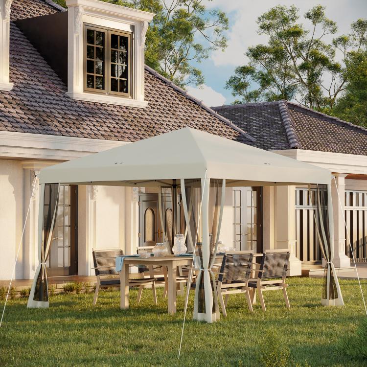 Beige pop-up canopy tent with dark netting side curtains and open front
