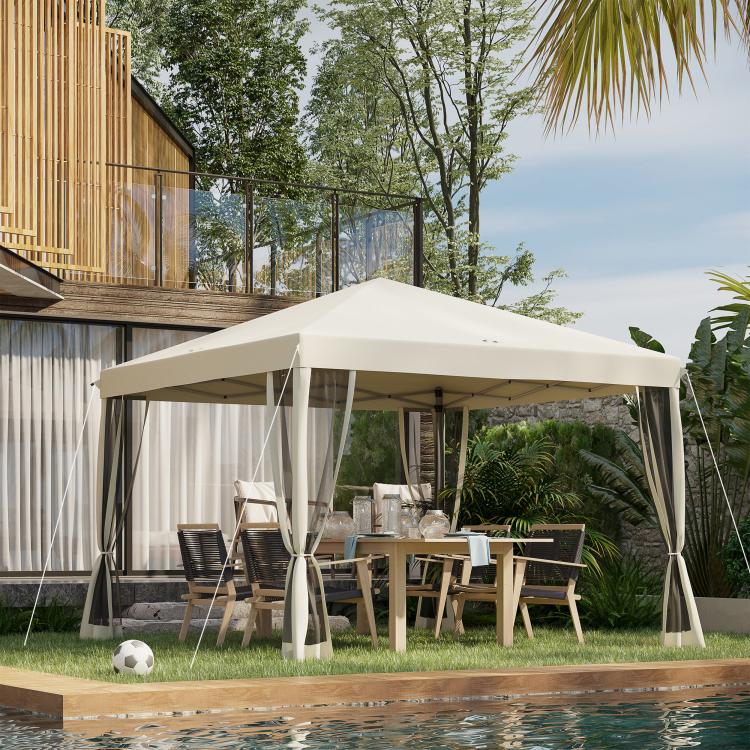 Beige pop-up canopy tent with dark netting curtains and open-sided roof
