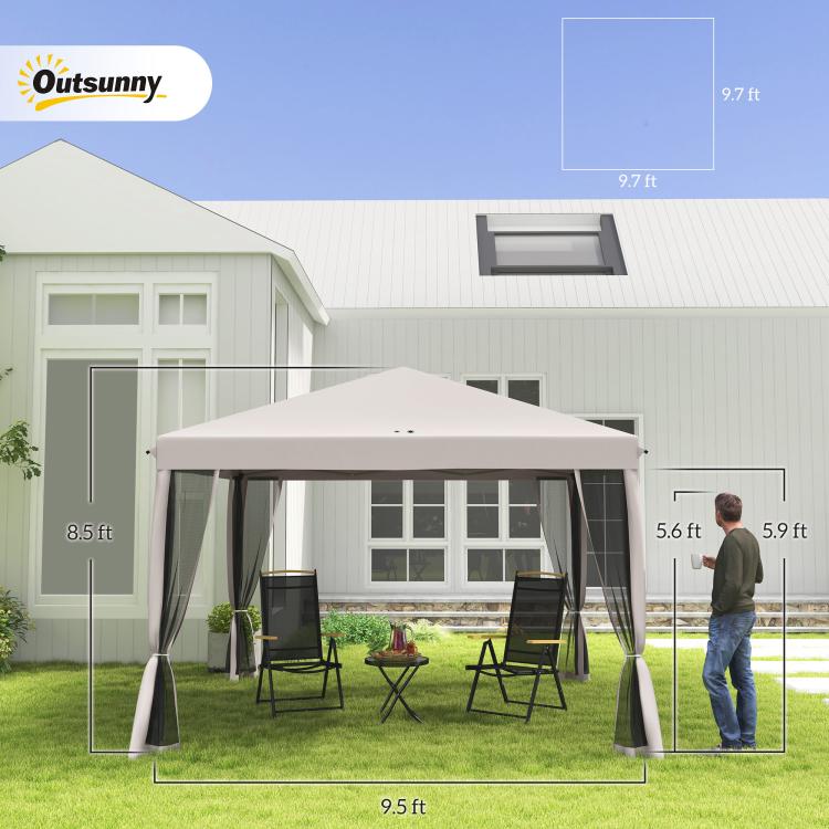 Beige pop-up canopy tent with dark netting curtains and front doorway