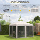 Beige pop-up canopy tent with peaked roof and open sides with dark netting
